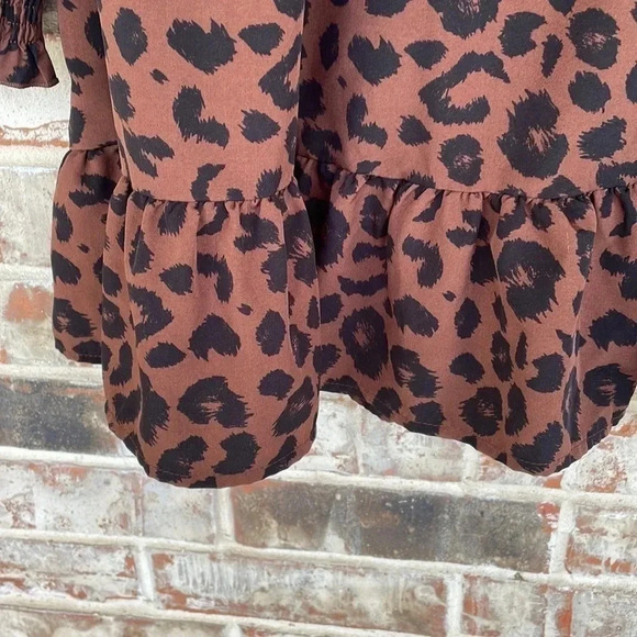 Shein Brown Black Animal Print High Neck Ruffle Mini Dress - Picture 6 of 8